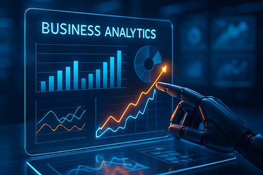 a robotic hand points to a business analytics display with a rising graph, symbolizing data-driven decisions and automated business growth strategies