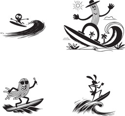 Vector art of collection of cartoon characters surfing