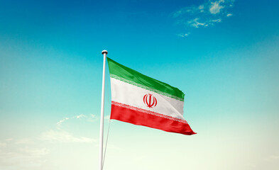 Iran national flag waving in beautiful sky with mast. A proud moment flag waving with sunlight.