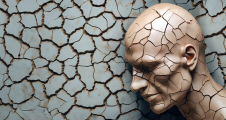 Abstract Human Concept: An artistic representation of a human had with a cracked surface texture, presenting themes of imperfection and vulnerability in a modern abstract form