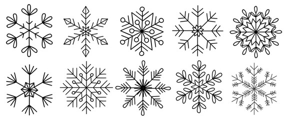 Set of different Abstract snowflakes. Winter snow. Christmas design elements for Overlay, banner, card, invitation. Hand drawn black outline illustrations isolated on transparent background