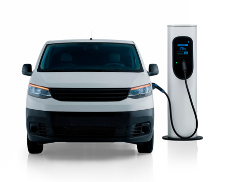 Transparent background image of an electric van charging at a station, with realistic shadow. Perfect for concepts of mobility progress, vehicle efficiency, and sustainable transportation