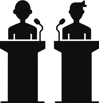 Two opposing political candidates in silhouette debating at podiums with microphones isolated on white background isolated on transparent background