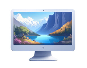 Light-gray computer monitor displaying a stylized landscape image of mountains, lake, trees, and snow