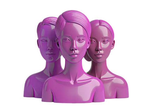 Three stylized, vibrant magenta female busts, close-up
