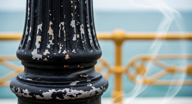 Close-up of worn black lamppost against ocean backdrop with yellow rails
