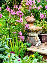 Garden Frog Statue with Lush Garden Flowers and Greenery