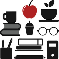 Collection of school and office supplies including books pens cup apple and glasses silhouette isolated on white background isolated on transparent background