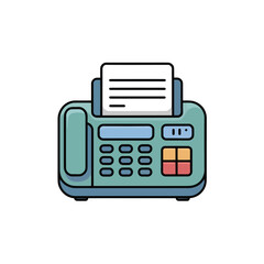 Flat design icon of a teal and blue fax machine with paper communication office equipment