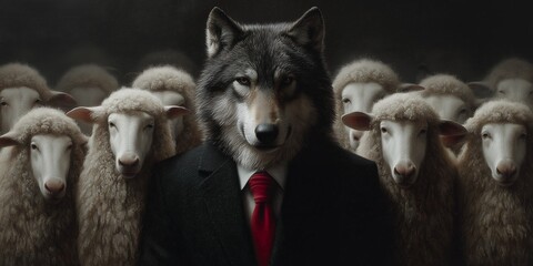 Wolf in suit stands among sheep, looking at the camera with sharp eyes. Concept for deception, leadership manipulation and power dynamics.