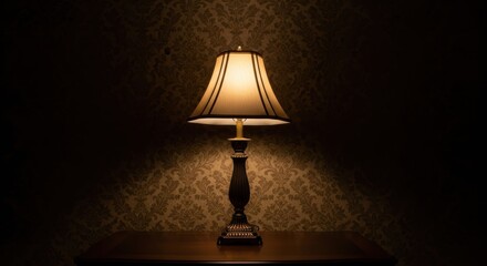 Elegant table lamp with warm light on vintage wooden surface