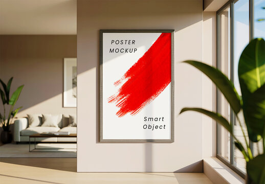 Vertical Photo Frame Mockup on White Wall