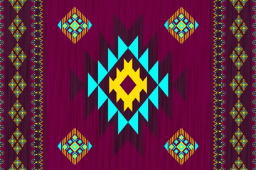 Colorful Navajo tribal geometric pattern background, ethnic textile fabric design with symmetry, aztec bohemian ornament in blue red yellow tones, traditional seamless cultural decorative motif