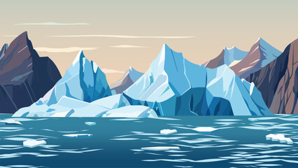 Vector Winter Iceberg with Snowy Peaks and Frozen Waters.