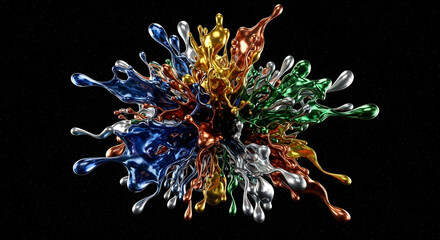 Multicolored liquid splash, vibrant explosion of metallic hues, against dark space backdrop