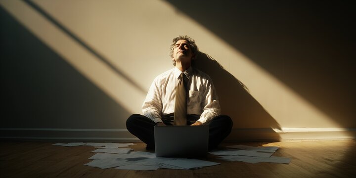 Middle aged businessman sits cross-legged with laptop, eyes closed, bathed in sunlight near scattered papers, concept for stress relief, meditation practice and work from home flexibility