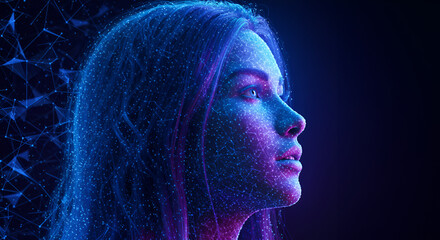 Futuristic female portrait with glowing plexus design and digital connectivity