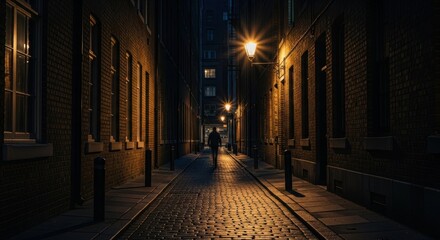 Mysterious figure in dark urban alleyway illuminated by streetlights