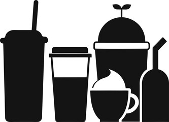Collection of various beverage cups and containers in a silhouette style isolated on white background isolated on transparent background