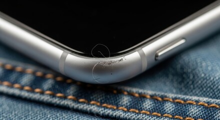 Close-up of smartphone with scratched corner on denim fabric