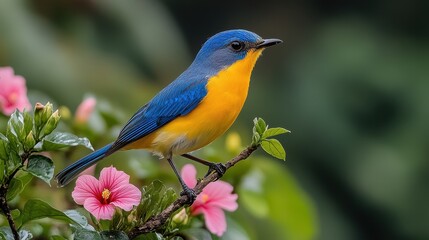 a cute canary bird in yellow and blue colors on a branch