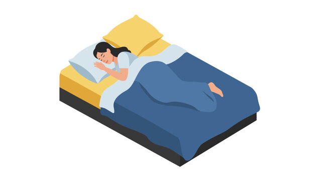 Isometric woman sleeping on bed with blue blanket and yellow pillow