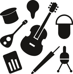 Collection of musical instruments and objects silhouette isolated on white background isolated on transparent background