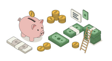 Isometric piggy bank and cash with ladder for savings and financial growth