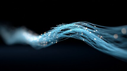 Fiber optic cables glowing, transmitting digital signals through interconnected network, representing high speed technological communication infrastructure
