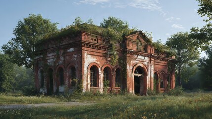 Fototapeta premium Abandoned brick building overgrown with plants and trees in a forest setting