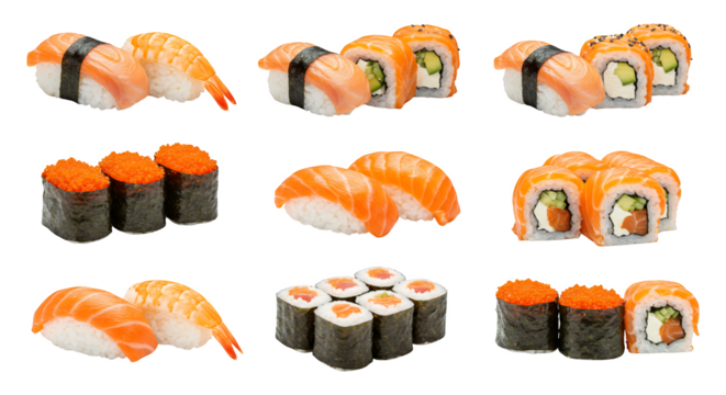 A set of various sushi on a transparent background