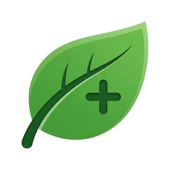Fototapeta premium Green leaf with a plus symbol, representing health, nature, or growth.