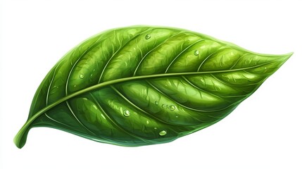 Obraz premium A vibrant green leaf with dew drops, detailed veins, and a smooth, glossy texture, isolated on a white background