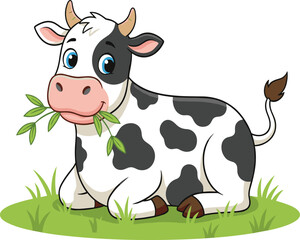 Cartoon cow sitting on grass, black and white farm animal, cute vector illustration, chewing leaves, children’s book character, agriculture theme