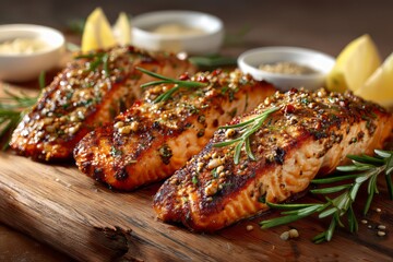 Three pieces of grilled salmon with herbs and lemon on a wooden board