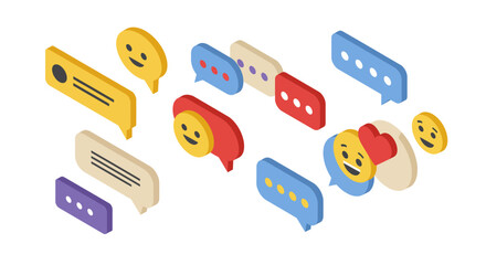 Colorful isometric chat and emoji icons for digital communication design
