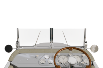 Vintage car interior, front view.  Transparent windshield, beige dashboard, steering wheel, and mirrors