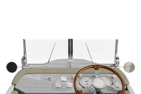 Vintage car interior, front view.  Transparent windshield, beige dashboard, steering wheel, and mirrors