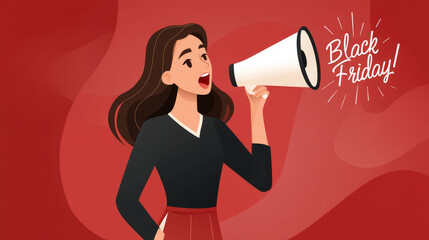 Stylish girl shouting into a loudspeaker announces the final day of sales and discounts, black Friday. Consumerism, sales, black friday. Online shopping.