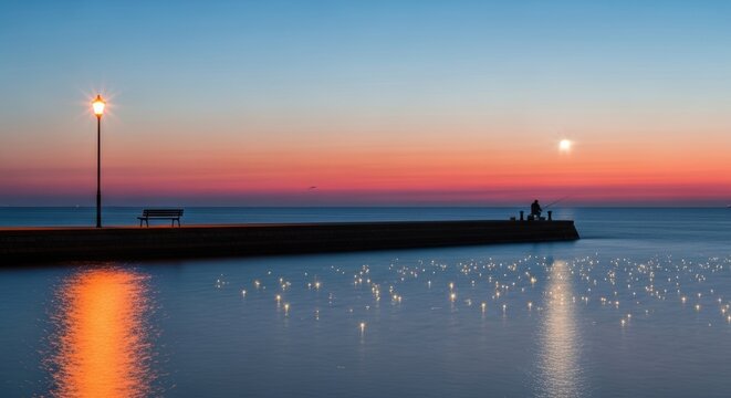 Sunset tranquility by the pier with fishing silhouette and reflected lights