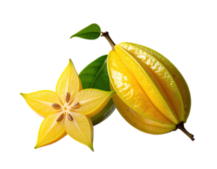 Two star fruit, one whole, one sliced, vibrant yellow, with green leaves