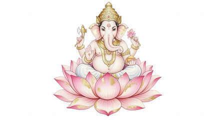 Ganesha illustration on pink lotus flower, Hindu god of beginnings and wisdom, spirituality art