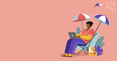 A person working remotely on a laptop while relaxing in a beach chair under umbrellas, symbolizing flexible work, digital nomad lifestyle, and vacation.