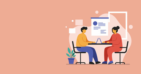 Two colleagues collaborate on laptops in a modern office setting, representing teamwork, business meetings, and professional partnership. Ideal for productivity and communication concepts.