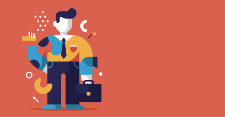 A stylized illustration depicts a professional figure, split between business attire and tools, symbolizing career choices and the blend of skills.