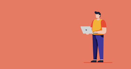 A vibrant illustration of a casually dressed man standing while working on a laptop. Perfect for themes of remote work, technology, productivity, and online education.