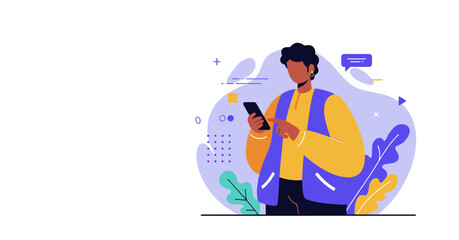 Modern illustration of a person engaging with a smartphone, representing digital communication, social media, online services, or mobile technology.