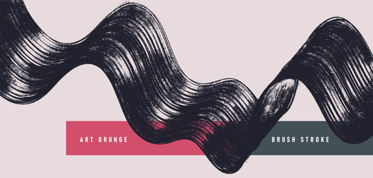 Black spiral brush strokes with grainy spray effect. Hand drawn curved lines form a bold horizontal banner. Distressed vector retro background with rough texture, scattered small dotted details. - Powered by Adobe