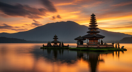Sunrise over a serene lake, Balinese temples reflected in still water.