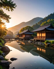 Obraz premium Tranquil Japanese temple at sunrise
